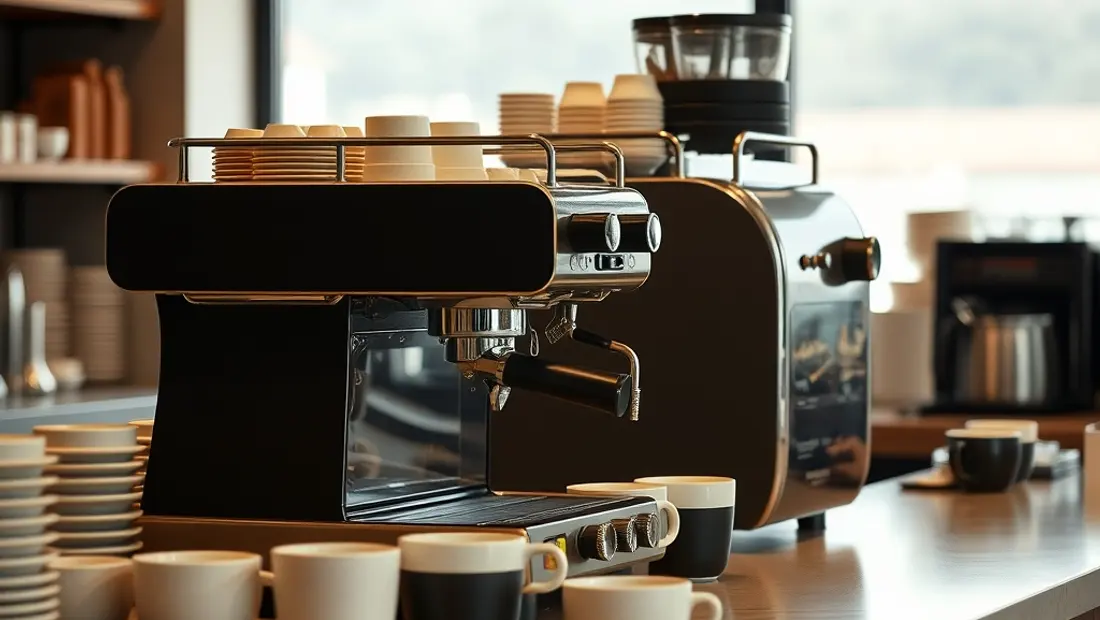 Le comptoir : machine, tasses alignées, et le bruit du moulin.